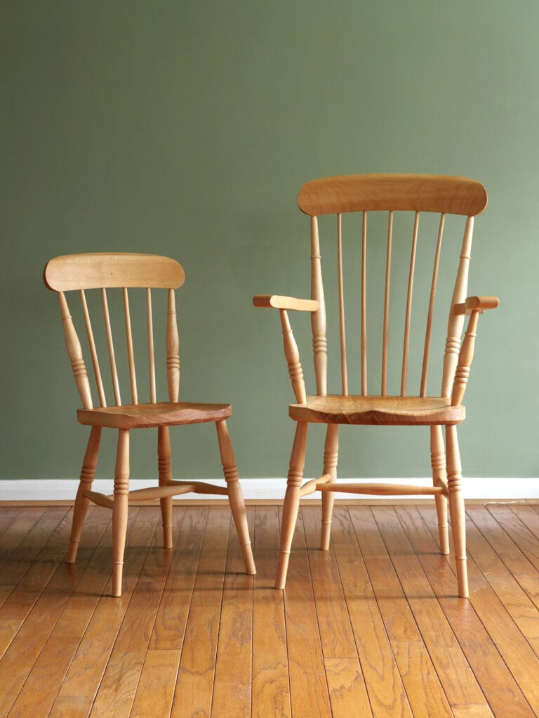 Handmade Set Of English comb back Windsor chairs in beech with ash seats.